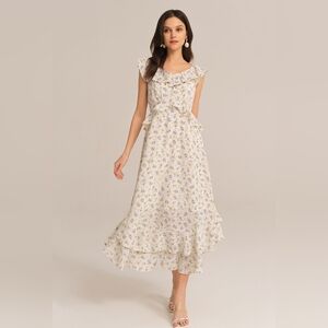 Grace Karin Floral Ruffle Maxi Dress - Cream and Blue